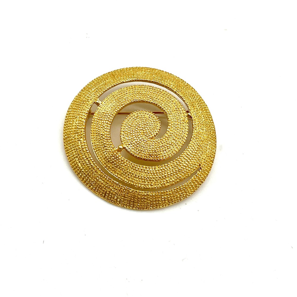 Gold Tone Brooch Pin Textured‎ Round Spiral Statement Costume Jewelry